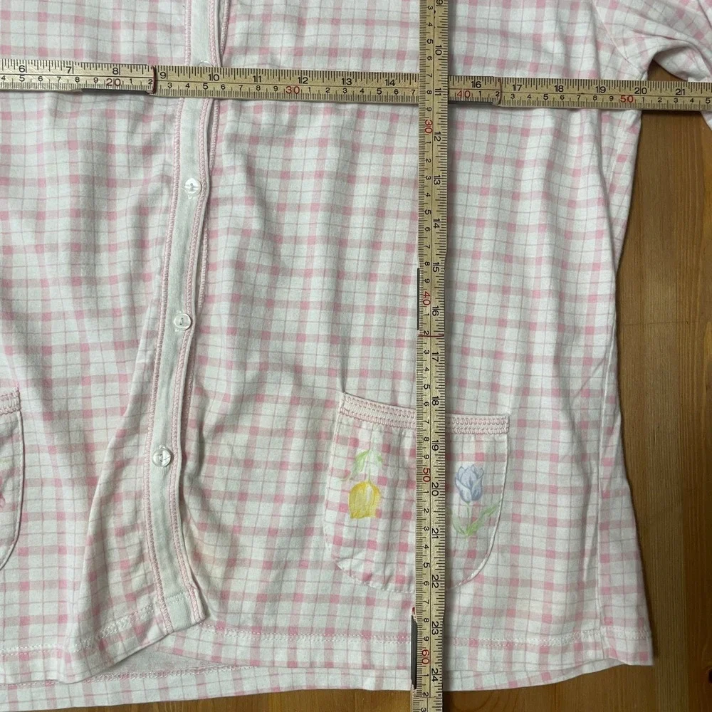 Aria Wmn L Pink White Plaid Button Sleep Shirt Top Floral Pockets Cotton Cottage